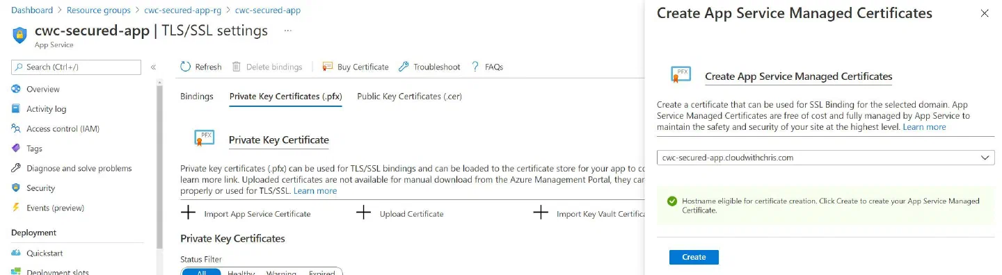 Screenshot showing that the hostname is now eligible since we mapped the CNAME record to App Service Screenshot showing that the hostname is now eligible since we mapped the CNAME record to App Service