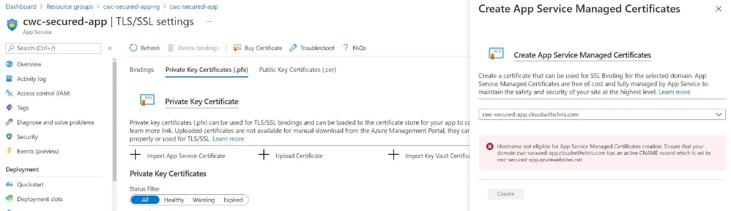 Screenshot showing that a CNAME record mapping is required to obtain an App Service Managed Certificate Screenshot showing that a CNAME record mapping is required to obtain an App Service Managed Certificate