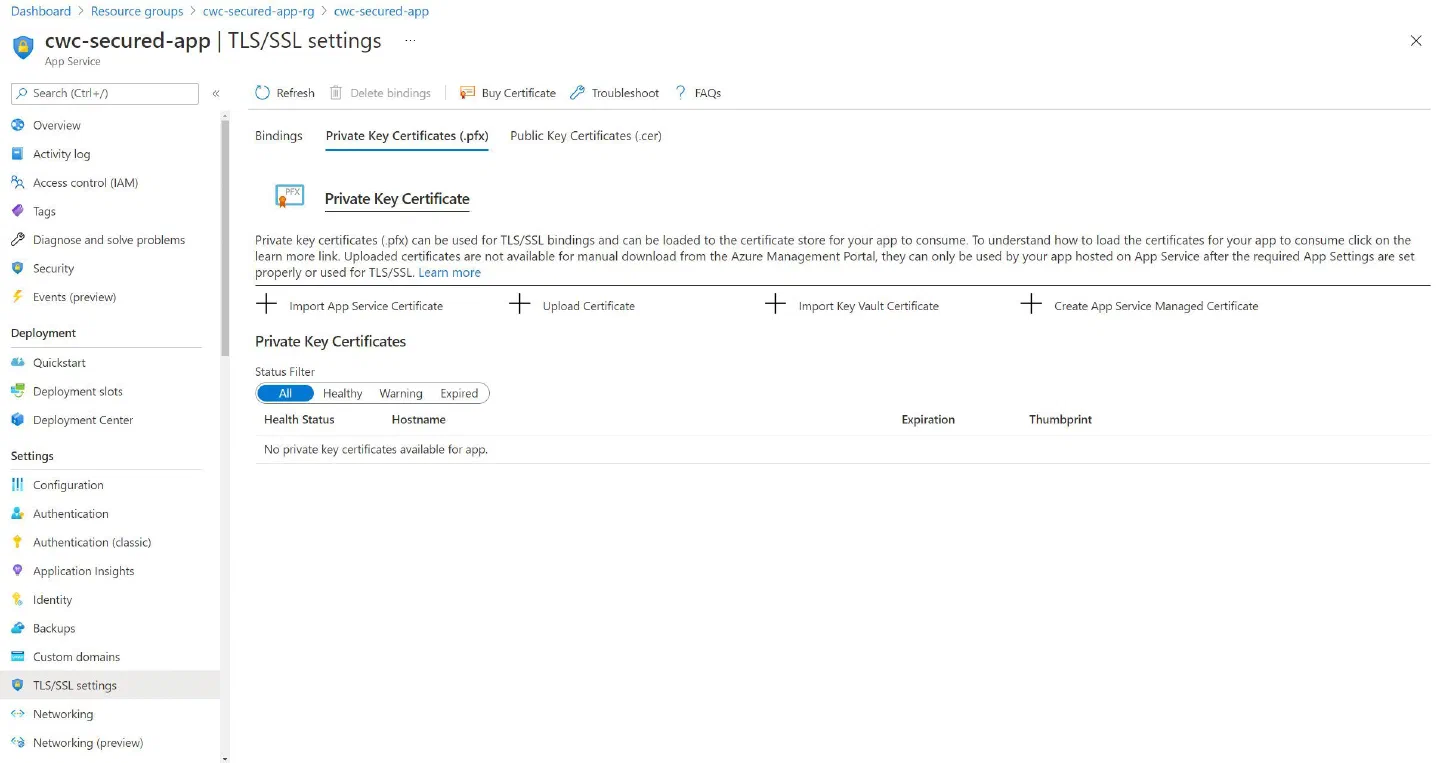 Screenshot showing the Private Key Certificates tab of the TLS/SSL settings page in App Service Screenshot showing the Private Key Certificates tab of the TLS/SSL settings page in App Service