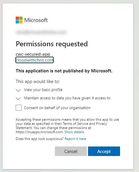 Screenshot showing a request to accept the application permissions Screenshot showing a request to accept the application permissions