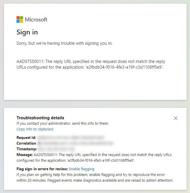 Screenshot showing an error with the reply URL mismatching. Screenshot showing an error with the reply URL mismatching.