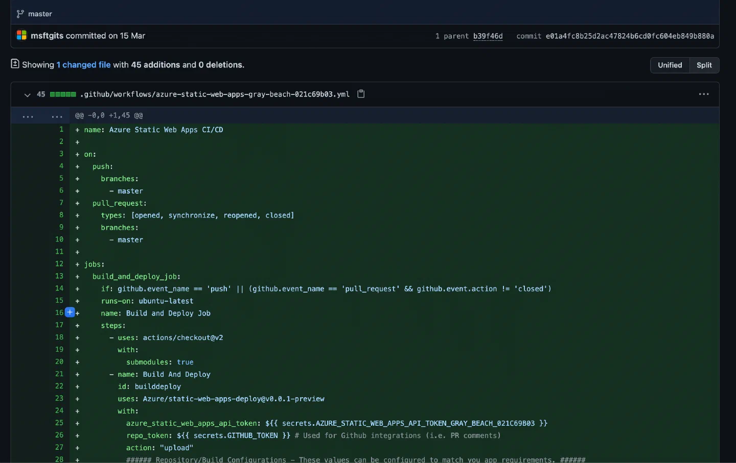 Screenshot showing the committed GitHub Actions workflow File
