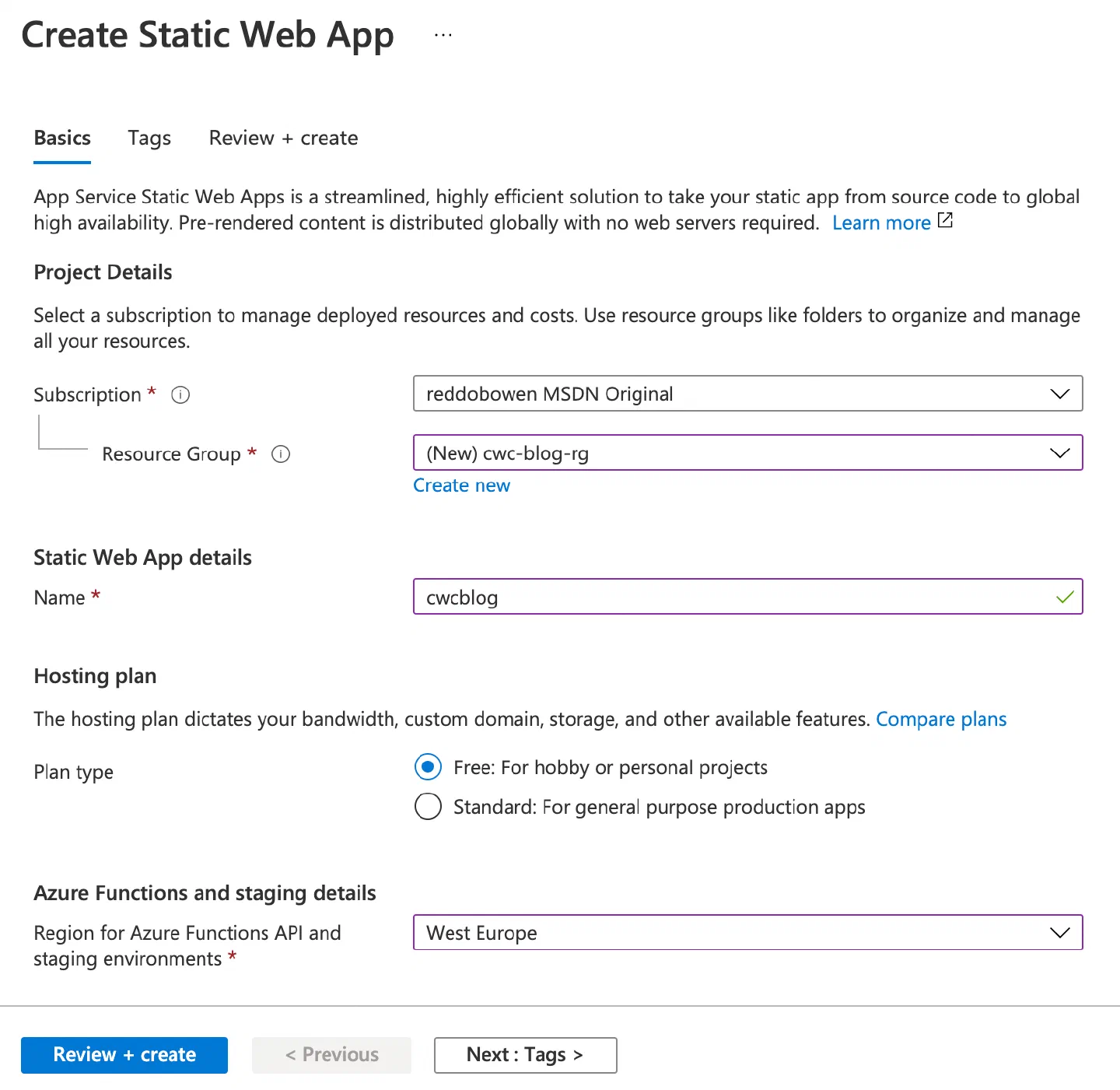 Screenshot of the Azure Static Web Apps creation process - part 1