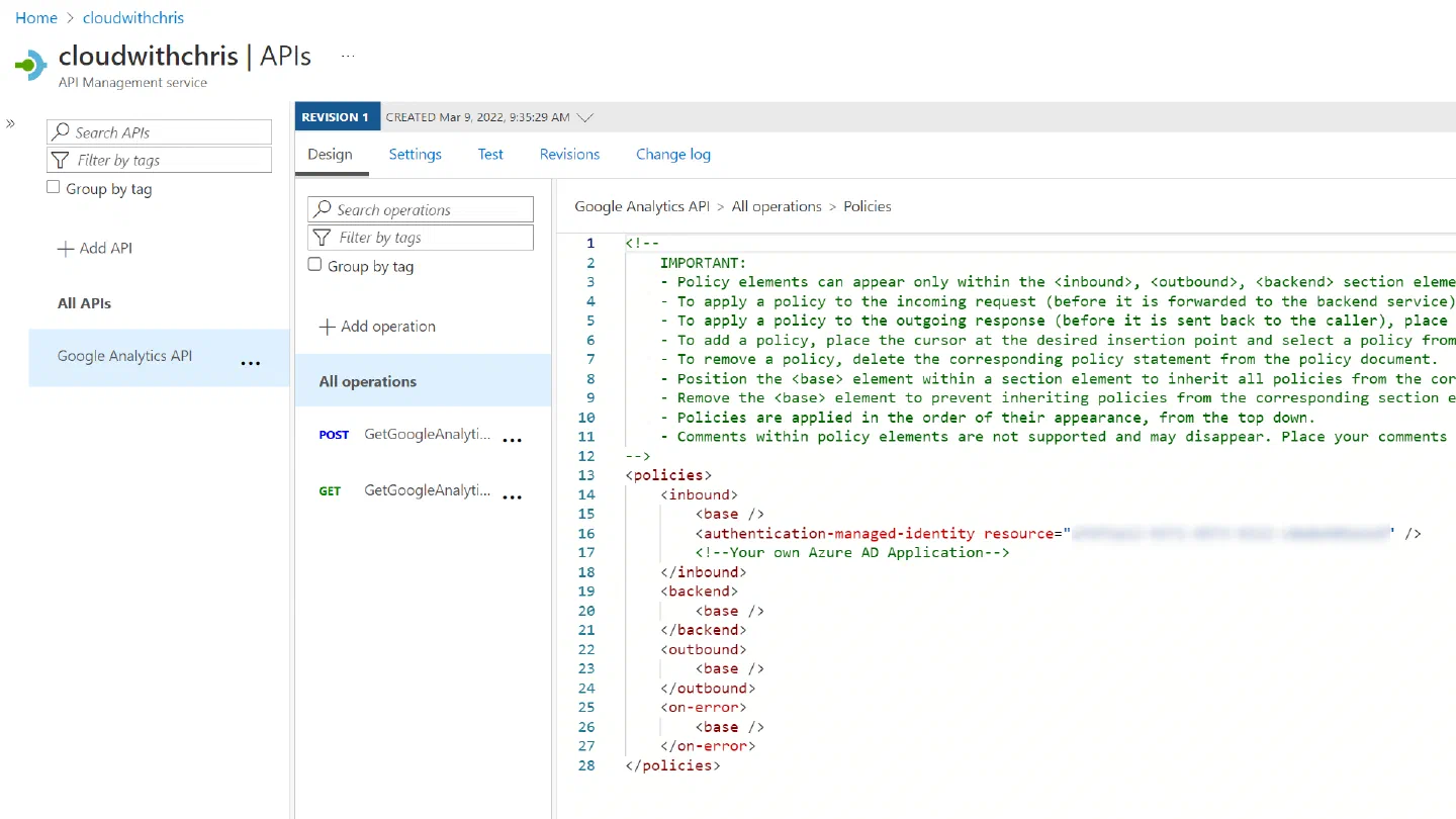 Screenshot showing the policy editor for the Google Analytics API (applies to all operations under that). It has the authentication-managed-identity policy configured against a Client ID that represents the Client ID of the backend application (in this case, an App Registration for the backend Azure Function) Screenshot showing the policy editor for the Google Analytics API (applies to all operations under that). It has the authentication-managed-identity policy configured against a Client ID that represents the Client ID of the backend application (in this case, an App Registration for the backend Azure Function)