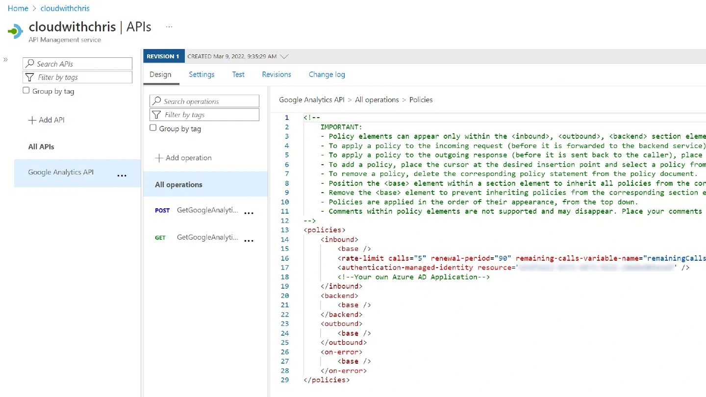 Screenshot showing the policy editor for the Google Analytics API (applies to all operations under that). It has the authentication-managed-identity policy configured against a Client ID that represents the Client ID of the backend application, as well as a rate-limit policy configured to allow 5 calls across 90 seconds. Screenshot showing the policy editor for the Google Analytics API (applies to all operations under that). It has the authentication-managed-identity policy configured against a Client ID that represents the Client ID of the backend application, as well as a rate-limit policy configured to allow 5 calls across 90 seconds.