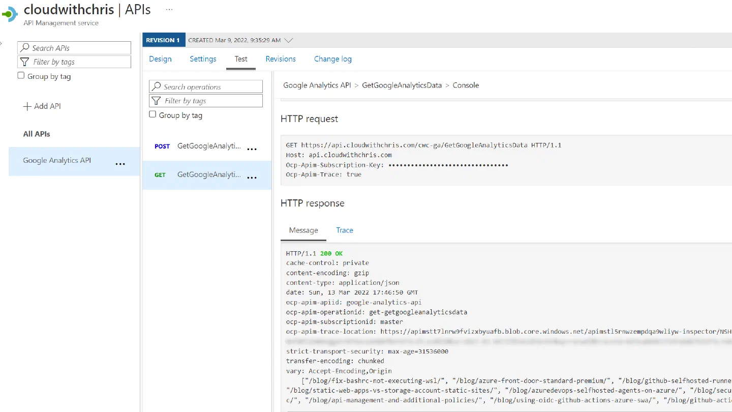 Screenshot showing the Test Tab in Azure API Management successfully called the backend API, with a 200 HTTP Status code and a JSON object returned in the result. Screenshot showing the Test Tab in Azure API Management successfully called the backend API, with a 200 HTTP Status code and a JSON object returned in the result.