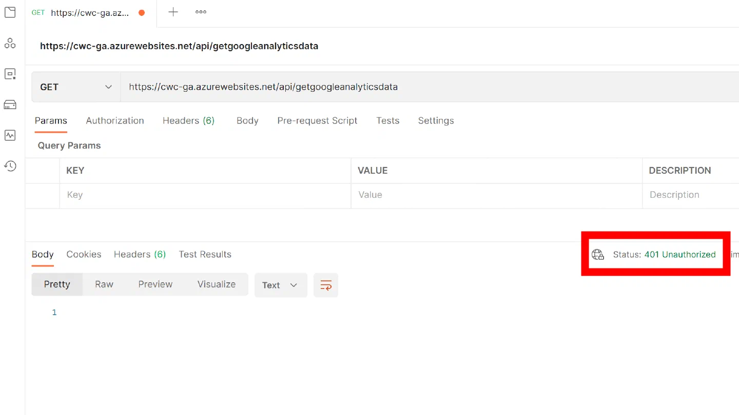 Screenshot showing a direct call to the Azure Function without any Authorization headers resulting in an HTTP 401 status code. Screenshot showing a direct call to the Azure Function without any Authorization headers resulting in an HTTP 401 status code.