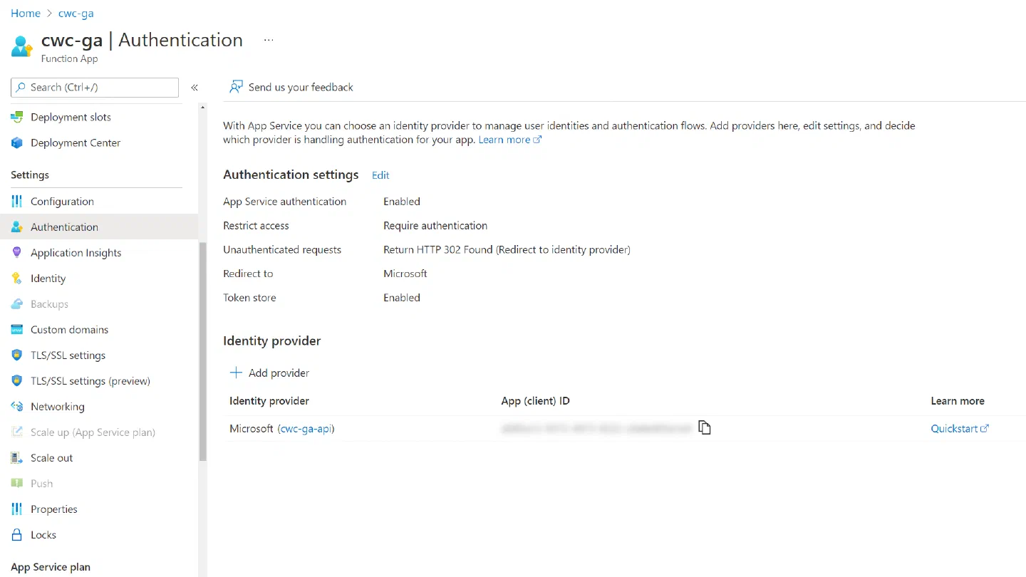 Screenshot showing the Azure Function with an identity provider configured Screenshot showing the Azure Function with an identity provider configured