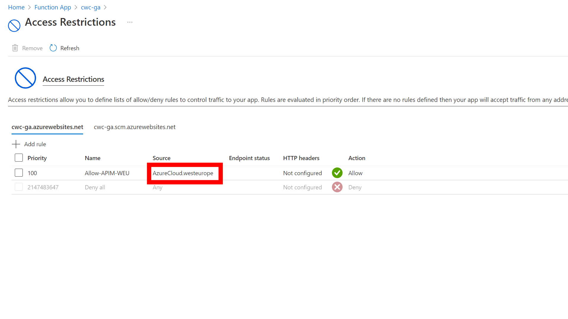 Screenshot showing an Access Restriction configured with an allow rule for the AzureCloud.westeurope Service Tag