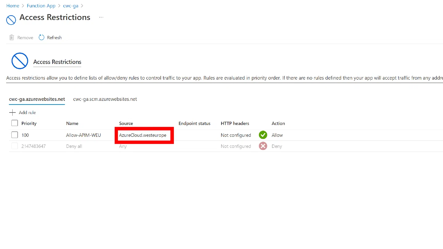 Screenshot showing an Access Restriction configured with an allow rule for the AzureCloud.westeurope Service Tag. Screenshot showing an Access Restriction configured with an allow rule for the AzureCloud.westeurope Service Tag