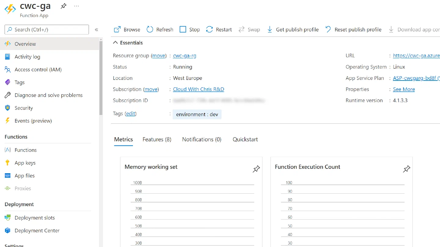 Screenshot showing the Azure Function deployed in the Azure Portal Screenshot showing the Azure Function deployed in the Azure Portal