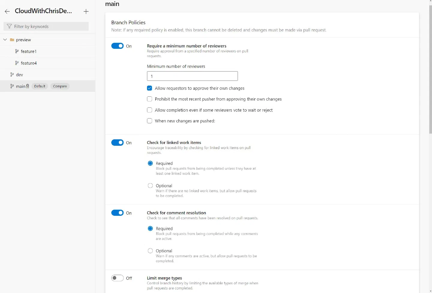 Screenshot showing several Branch Policy configuration options, which include a minimum number of reviewer count of 1, allowing requestors to approve their own changes. It also includes a requirement for linked work items, and for all comments to be resolved before a Pull Request can be merged.