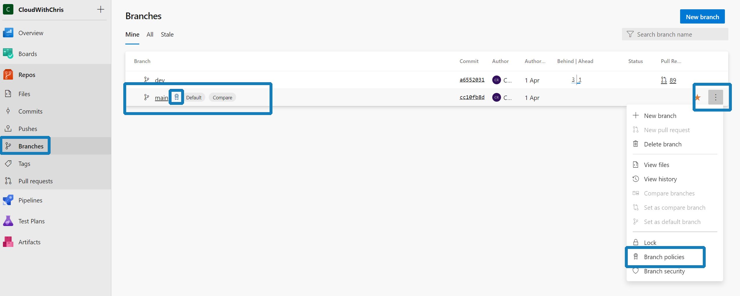 Screenshot showing the Branch Protection Rules configured for the main branch of the cloudwithchris.com repository. It shows that signed commits are required. It showed that require pull request reviews before merging, require status checks to pass before merging, require conversation resolution before merging, require linear history and include administrators are not required.