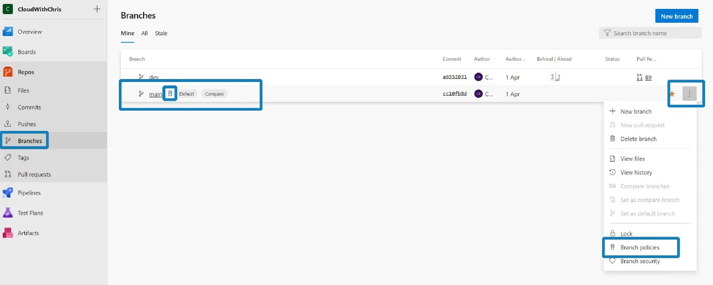 Screenshot showing the Branch Protection Rules configured for the main branch of the cloudwithchris.com repository. It shows that signed commits are required. It showed that require pull request reviews before merging, require status checks to pass before merging, require conversation resolution before merging, require linear history and include administrators are not required.