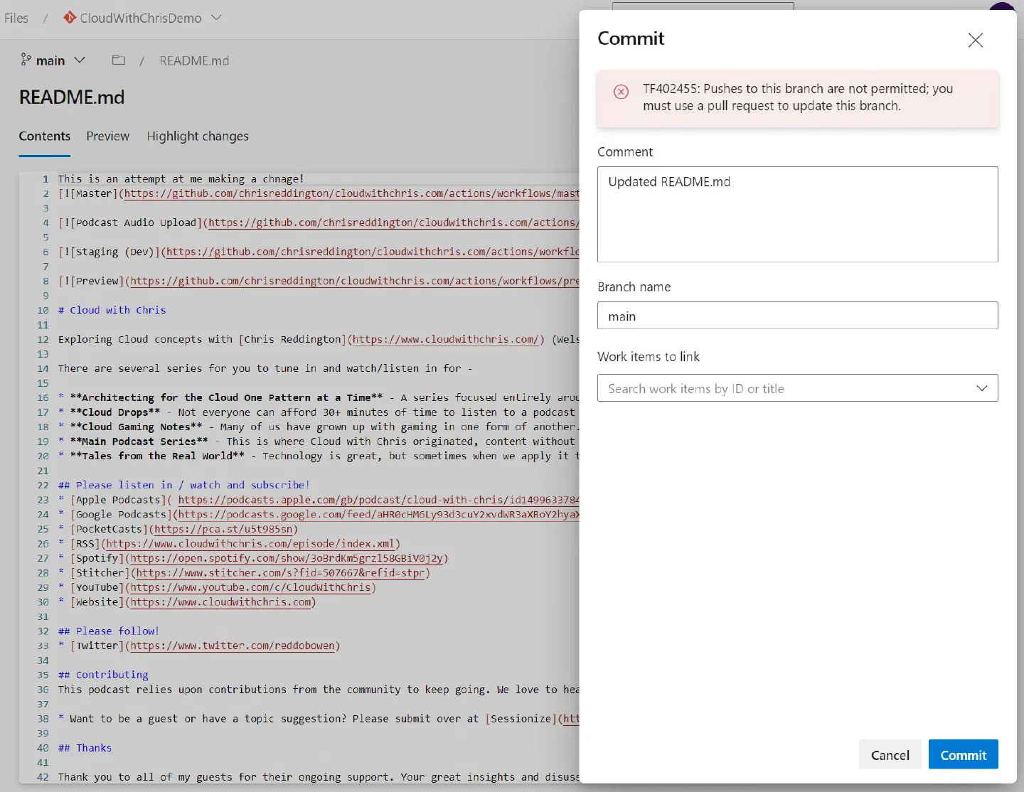Screenshot showing that a commit directly to the main branch is no longer allowed. Instead, a Pull Request must be used to pass an update to that branch.
