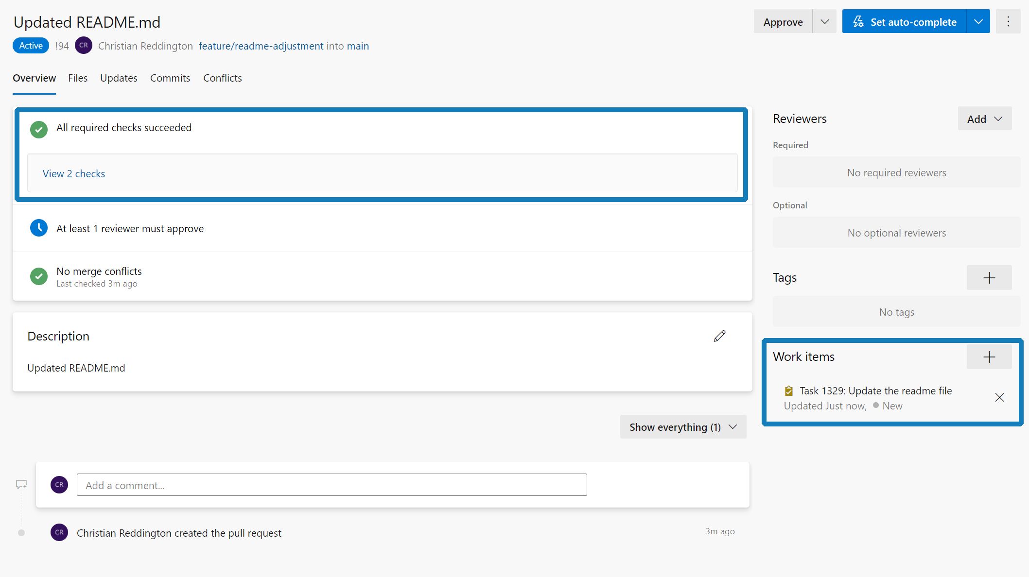 Screenshot showing a Pull Request which requires 1 reviewer and 1 reviewer to approve.