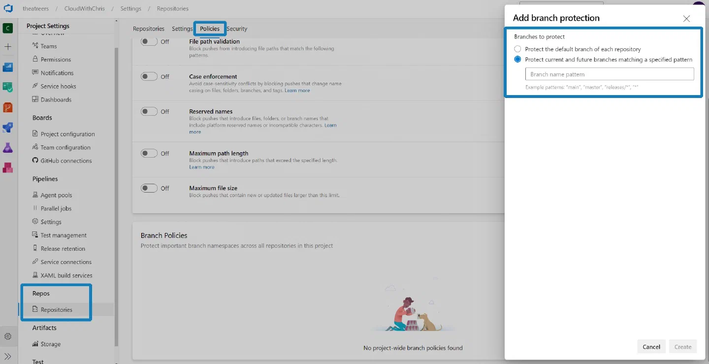 Screenshot showing that branch protection can be configured at a project level. This can be done on a default branch, or branches matching a specified naming pattern.