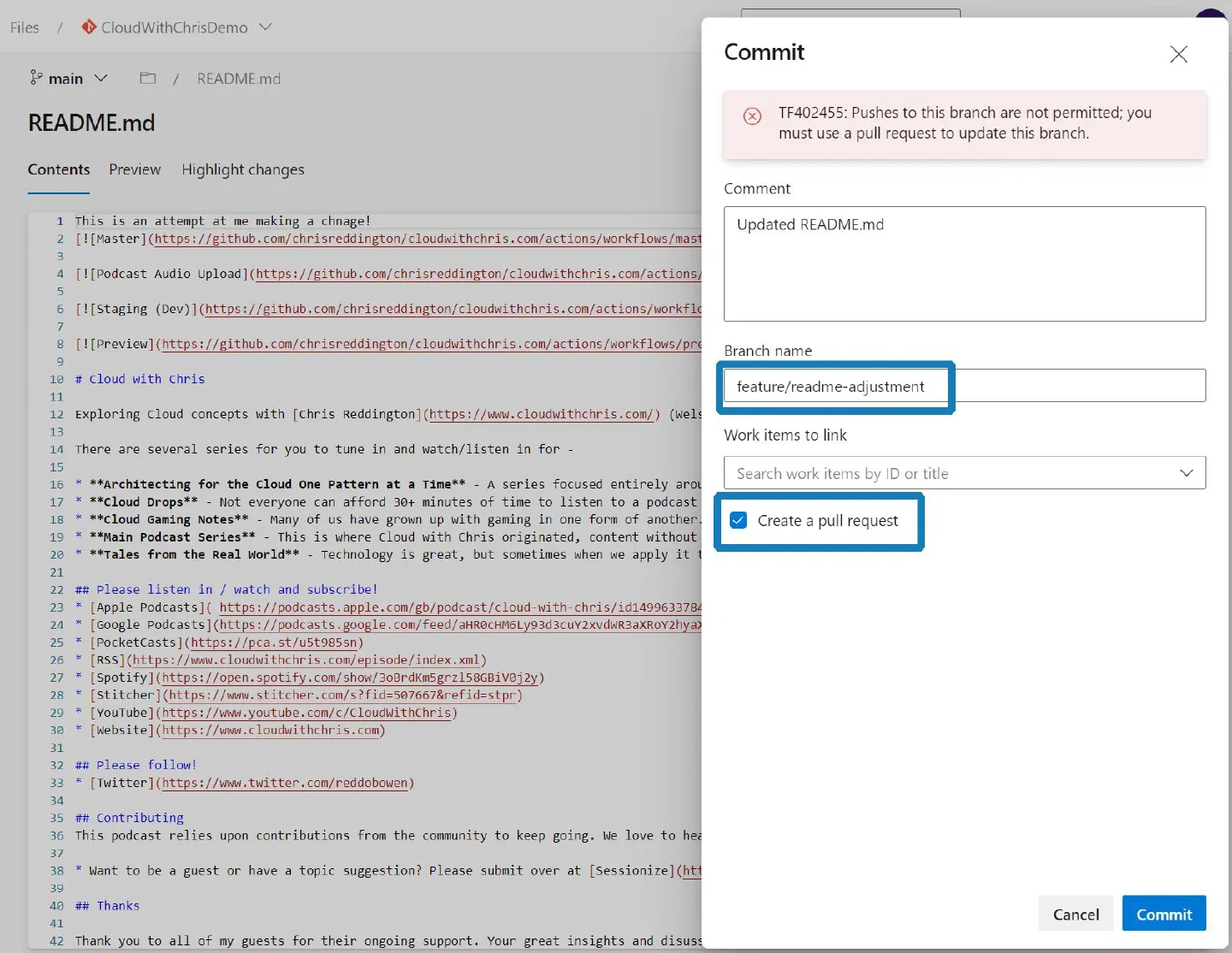 Screenshot showing that a commit is being made against a new branch called feature/readme-adjustment, and a Pull Request is being immediately created.
