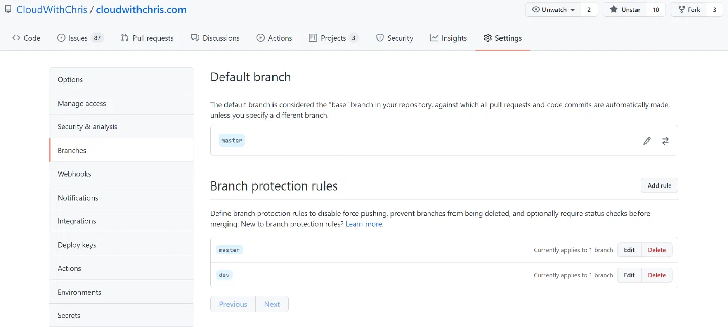 Screenshot showing the Branch Protection Rules overview page for cloudwithchris.com. It contains a Branch Protection Rule for the main branch and the dev branch