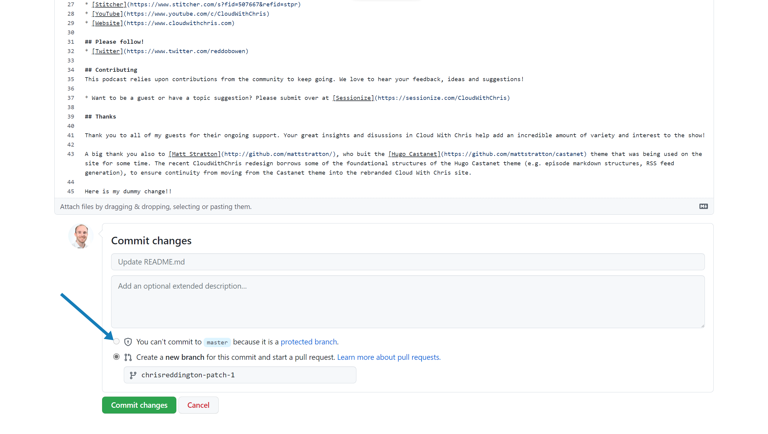 Arrow pointing to the line item that shows &lsquo;You can&rsquo;t commit to master because it is a protected branch&rsquo;