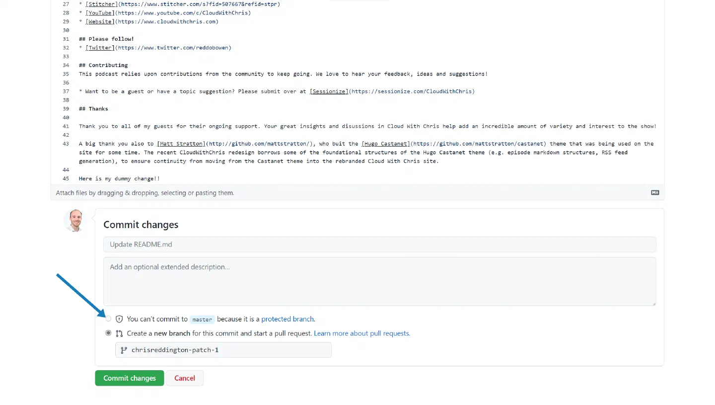 Arrow pointing to the line item that shows &lsquo;You can&rsquo;t commit to master because it is a protected branch&rsquo;