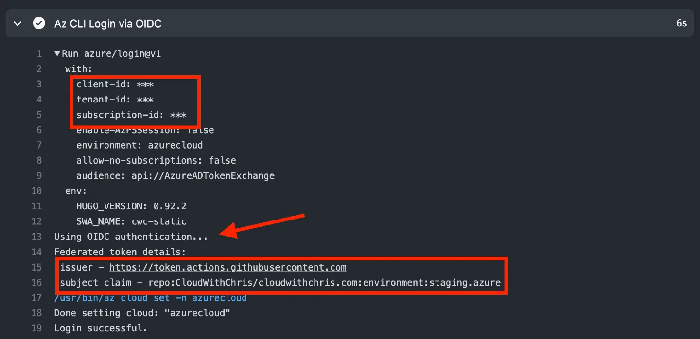 Screenshot showing the client-id, tenant-id and subscription-id properties have been set (but obfuscated due to being stored as secrets). It then shows &lsquo;Using OIDC authentication&mldr;&rsquo;, displaying the issuer as well as the subject claim.