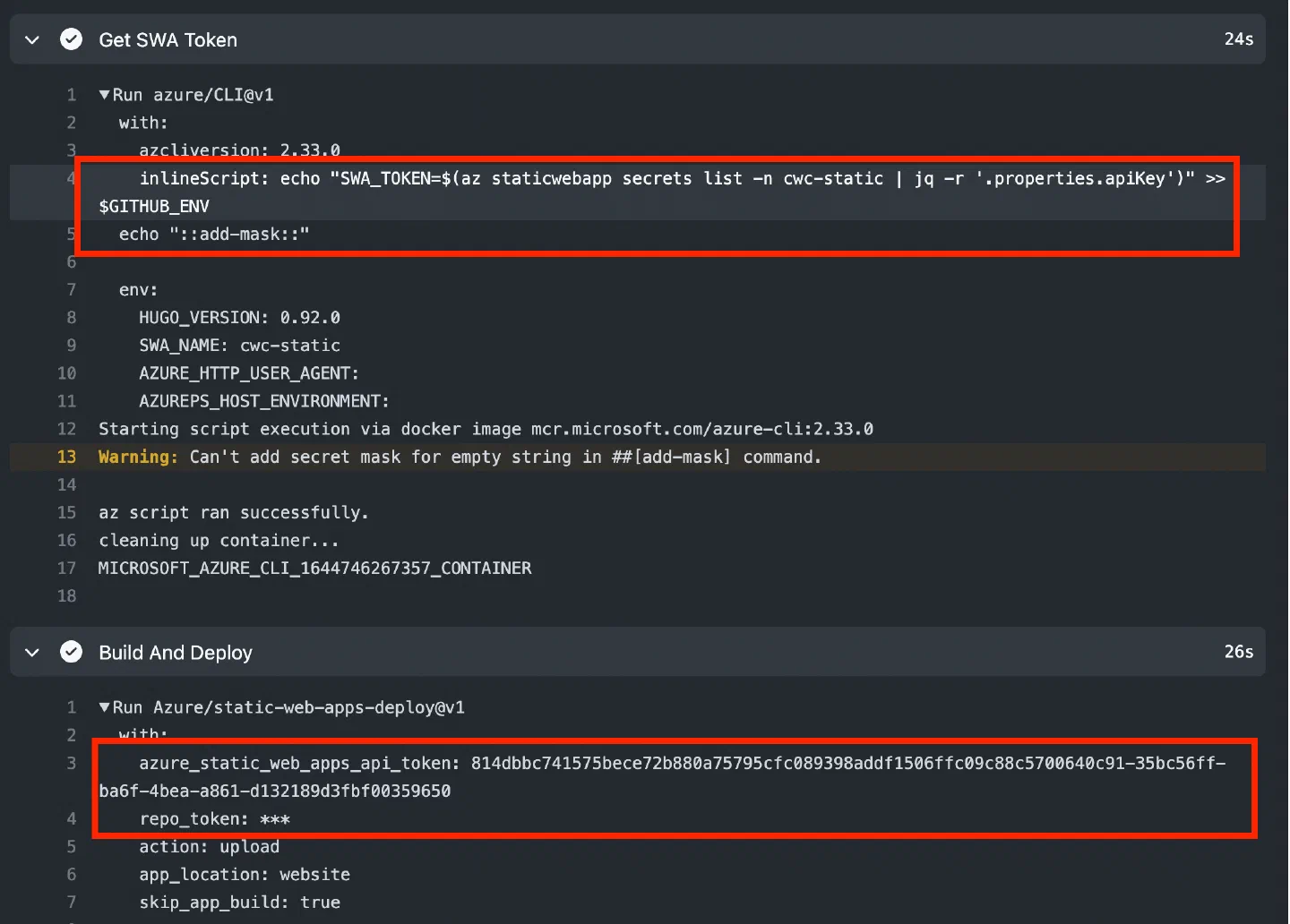 Screenshot showing the single step combining the Mask and Azure CLI in one, resulting in a leaked credential in the azure/static-web-apps-deploy step as the masking has not correctly been configured