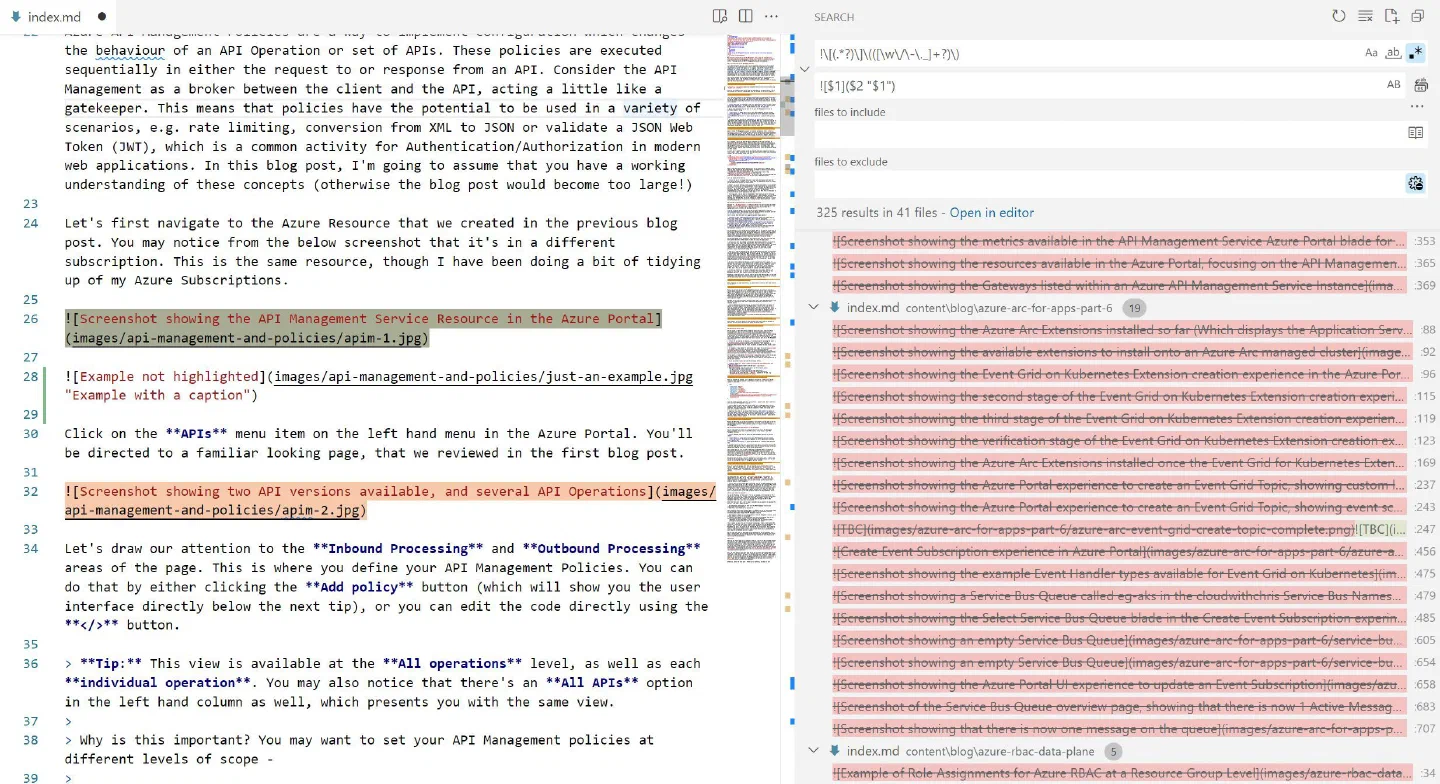 On the right hand side, you can see that the Find section contains the Regular Expression referenced above. The replace section, then outputs the desired pattern (which will then display the caption of the image). In the editor pain, it shows that the Image markdown references without captions are selected, whereas one a caption is not selected. The right hand pane shows that there are 325 image references identified across 41 files.