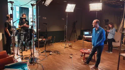 Chris on the Azure Mythbusters studio set, with the full camera and lighting crew in shot